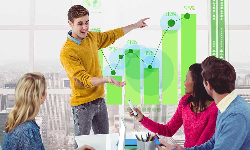team discussing video marketing growth graph
